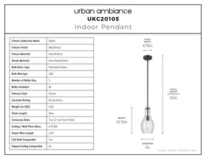 Urban Ambiance - Pendant - UKC20105 Casual Indoor Pendant, 13.75''H x 7''W x 7''Dep, Olde Bronze Finish, Opalyn Collection - 