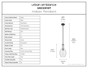 Urban Ambiance - Pendant - UKC20107 Casual Indoor Pendant, 17.75''H x 9''W x 9''Dep, Black Finish, Opalyn Collection - 