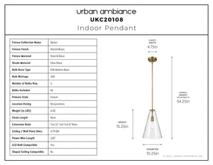 Urban Ambiance - Pendant - UKC20108 Casual Indoor Pendant, 15.25''H x 10.25''W x 10.25''Dep, Natural Brass Finish, Opalyn Collection - 