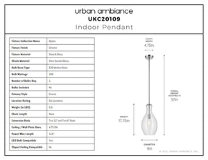 Urban Ambiance - Pendant - UKC20109 Casual Indoor Pendant, 17.75''H x 9''W x 9''Dep, Chrome Finish, Opalyn Collection - 