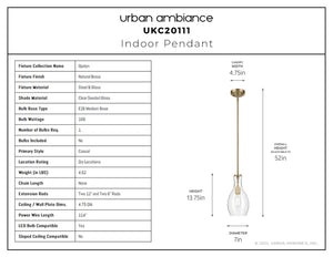 Urban Ambiance - Pendant - UKC20111 Casual Indoor Pendant, 13.75''H x 7''W x 7''Dep, Natural Brass Finish, Opalyn Collection - 