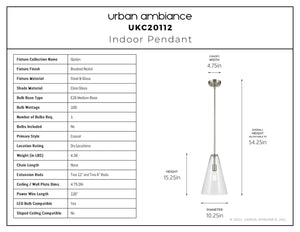 Urban Ambiance - Pendant - UKC20112 Casual Indoor Pendant, 15.25''H x 10.25''W x 10.25''Dep, Brushed Nickel Finish, Opalyn Collection - 