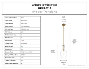 Urban Ambiance - Pendant - UKC20113 Casual Indoor Pendant, 17.75''H x 9''W x 9''Dep, Natural Brass Finish, Opalyn Collection - 