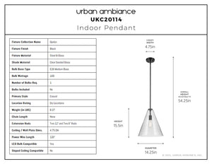 Urban Ambiance - Pendant - UKC20114 Casual Indoor Pendant, 15.5''H x 14.25''W x 14.25''Dep, Black Finish, Opalyn Collection - 