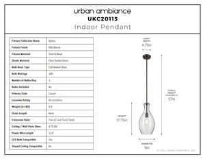 Urban Ambiance - Pendant - UKC20115 Casual Indoor Pendant, 17.75''H x 9''W x 9''Dep, Olde Bronze Finish, Opalyn Collection - 