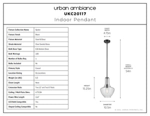 Urban Ambiance - Pendant - UKC20117 Casual Indoor Pendant, 15.25''H x 10.5''W x 10.5''Dep, Black Finish, Opalyn Collection - 