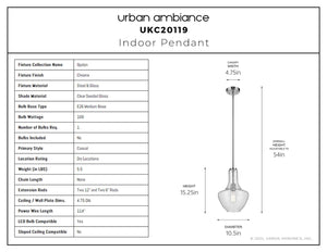 Urban Ambiance - Pendant - UKC20119 Casual Indoor Pendant, 15.25''H x 10.5''W x 10.5''Dep, Chrome Finish, Opalyn Collection - 