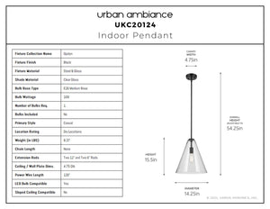 Urban Ambiance - Pendant - UKC20124 Casual Indoor Pendant, 15.5''H x 14.25''W x 14.25''Dep, Black Finish, Opalyn Collection - 