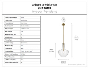 Urban Ambiance - Pendant - UKC20127 Casual Indoor Pendant, 19.75''H x 14''W x 14''Dep, Natural Brass Finish, Opalyn Collection - 