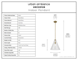 Urban Ambiance - Pendant - UKC20128 Casual Indoor Pendant, 15.5''H x 14.25''W x 14.25''Dep, Natural Brass Finish, Opalyn Collection - 