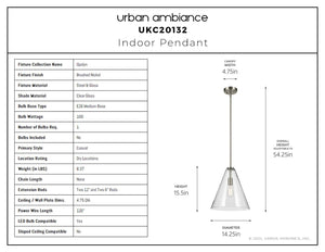 Urban Ambiance - Pendant - UKC20132 Casual Indoor Pendant, 15.5''H x 14.25''W x 14.25''Dep, Brushed Nickel Finish, Opalyn Collection - 