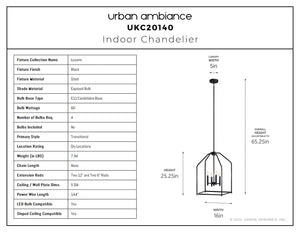 Urban Ambiance - Chandelier - UKC20140 Transitional Indoor Chandelier, 25.25''H x 16''W x 16''Dep, Black Finish, Lusarre Collection - 
