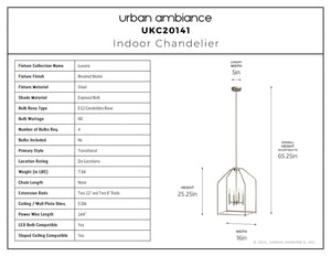 Urban Ambiance - Chandelier - UKC20141 Transitional Indoor Chandelier, 25.25''H x 16''W x 16''Dep, Brushed Nickel Finish, Lusarre Collection - 