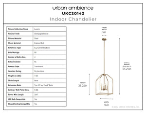 Urban Ambiance - Chandelier - UKC20142 Transitional Indoor Chandelier, 25.25''H x 16''W x 16''Dep, Champagne Bronze Finish, Lusarre Collection - 