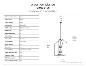 Urban Ambiance - Chandelier - UKC20146 Transitional Indoor Chandelier, 43''H x 24.25''W x 24.25''Dep, Black Finish, Lusarre Collection - 