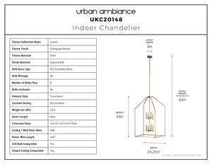 Urban Ambiance - Chandelier - UKC20148 Transitional Indoor Chandelier, 43''H x 24.25''W x 24.25''Dep, Champagne Bronze Finish, Lusarre Collection - 