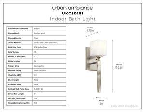 Urban Ambiance - Bath Light - UKC20151 Cosmopolitan Indoor Bath Light, 16.25''H x 5''W x 5.75''Dep, Brushed Nickel Finish, Elyndor Collection - 