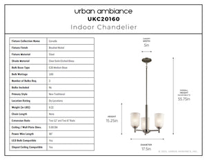 Urban Ambiance - Chandelier - UKC20160 New Traditional Indoor Chandelier, 15.25''H x 17.5''W x 17.5''Dep, Brushed Nickel Finish, Corvelle Collection - 