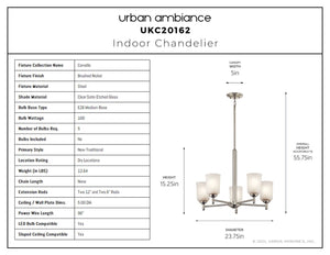 Urban Ambiance - Chandelier - UKC20162 New Traditional Indoor Chandelier, 15.25''H x 23.75''W x 23.75''Dep, Brushed Nickel Finish, Corvelle Collection - 