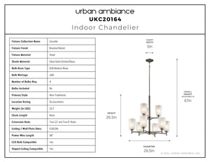 Urban Ambiance - Chandelier - UKC20164 New Traditional Indoor Chandelier, 26.5''H x 26.5''W x 26.5''Dep, Brushed Nickel Finish, Corvelle Collection - 