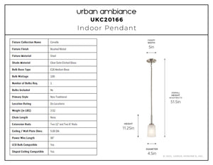 Urban Ambiance - Pendant - UKC20166 New Traditional Indoor Pendant, 11.25''H x 4.5''W x 4.5''Dep, Brushed Nickel Finish, Corvelle Collection - 
