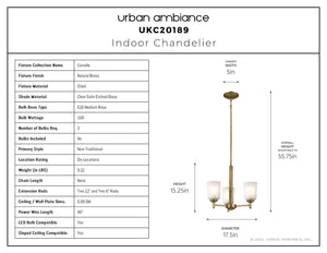 Urban Ambiance - Chandelier - UKC20189 New Traditional Indoor Chandelier, 15.25''H x 17.5''W x 17.5''Dep, Natural Brass Finish, Corvelle Collection - 