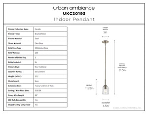 Urban Ambiance - Pendant - UKC20193 New Traditional Indoor Pendant, 11.25''H x 4.5''W x 4.5''Dep, Brushed Nickel Finish, Corvelle Collection - 