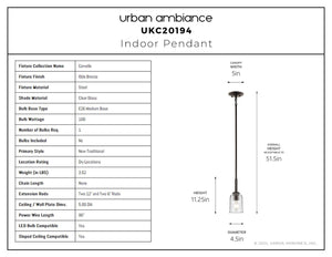Urban Ambiance - Pendant - UKC20194 New Traditional Indoor Pendant, 11.25''H x 4.5''W x 4.5''Dep, Olde Bronze Finish, Corvelle Collection - 