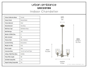 Urban Ambiance - Chandelier - UKC20196 New Traditional Indoor Chandelier, 15.25''H x 17.5''W x 17.5''Dep, Brushed Nickel Finish, Corvelle Collection - 
