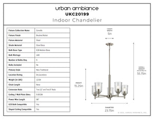 Urban Ambiance - Chandelier - UKC20199 New Traditional Indoor Chandelier, 15.25''H x 23.75''W x 23.75''Dep, Brushed Nickel Finish, Corvelle Collection - 