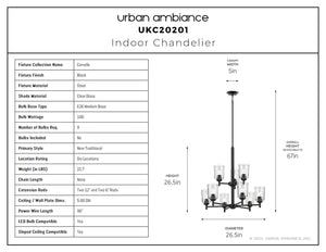 Urban Ambiance - Chandelier - UKC20201 New Traditional Indoor Chandelier, 26.5''H x 26.5''W x 26.5''Dep, Black Finish, Corvelle Collection - 