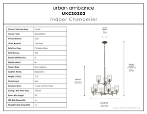 Urban Ambiance - Chandelier - UKC20202 New Traditional Indoor Chandelier, 26.5''H x 26.5''W x 26.5''Dep, Brushed Nickel Finish, Corvelle Collection - 