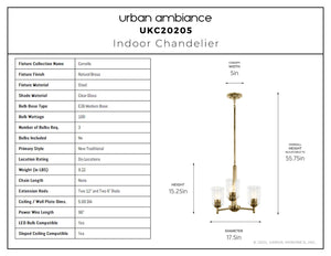 Urban Ambiance - Chandelier - UKC20205 New Traditional Indoor Chandelier, 15.25''H x 17.5''W x 17.5''Dep, Natural Brass Finish, Corvelle Collection - 