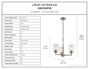 Urban Ambiance - Chandelier - UKC20210 New Traditional Indoor Chandelier, 15.5''H x 18''W x 18''Dep, Brushed Nickel Finish, Ravencourt Collection - 