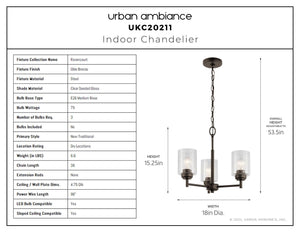 Urban Ambiance - Chandelier - UKC20211 New Traditional Indoor Chandelier, 15.5''H x 18''W x 18''Dep, Olde Bronze Finish, Ravencourt Collection - 