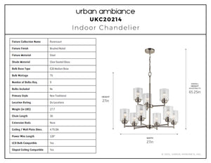 Urban Ambiance - Chandelier - UKC20214 New Traditional Indoor Chandelier, 27''H x 27''W x 27''Dep, Brushed Nickel Finish, Ravencourt Collection - 