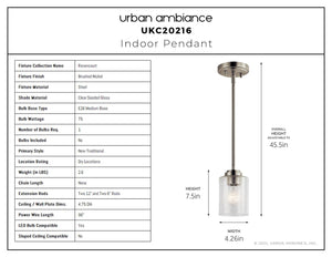 Urban Ambiance - Pendant - UKC20216 New Traditional Indoor Pendant, 7.5''H x 4.25''W x 4.25''Dep, Brushed Nickel Finish, Ravencourt Collection - 