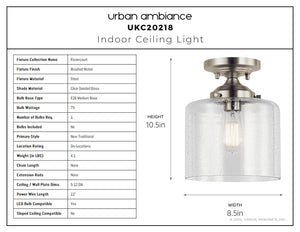 Urban Ambiance - Ceiling Light - UKC20218 New Traditional Indoor Ceiling Light, 10.62''H x 8.5''W x 8.5''Dep, Brushed Nickel Finish, Ravencourt Collection - 