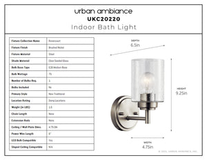 Urban Ambiance - Bath Light - UKC20220 New Traditional Indoor Bath Light, 9.25''H x 4.75''W x 6.5''Dep, Brushed Nickel Finish, Ravencourt Collection - 