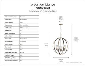 Urban Ambiance - Chandelier - UKC20222 New Traditional Indoor Chandelier, 31''H x 24.5''W x 24.5''Dep, Brushed Nickel Finish, Ravencourt Collection - 