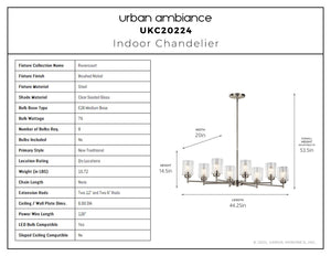 Urban Ambiance - Chandelier - UKC20224 New Traditional Indoor Chandelier, 14.57''H x 44.2''W x 19.9''Dep, Brushed Nickel Finish, Ravencourt Collection - 