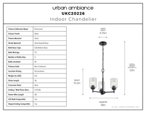 Urban Ambiance - Chandelier - UKC20226 New Traditional Indoor Chandelier, 15.5''H x 18''W x 18''Dep, Black Finish, Ravencourt Collection - 