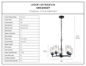Urban Ambiance - Chandelier - UKC20227 New Traditional Indoor Chandelier, 16.1''H x 19.75''W x 19.75''Dep, Black Finish, Ravencourt Collection - 