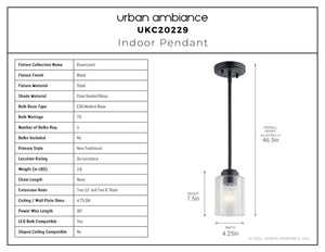 Urban Ambiance - Pendant - UKC20229 New Traditional Indoor Pendant, 7.5''H x 4.25''W x 4.25''Dep, Black Finish, Ravencourt Collection - 