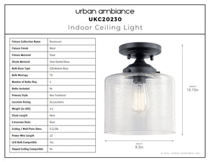 Urban Ambiance - Ceiling Light - UKC20230 New Traditional Indoor Ceiling Light, 10.62''H x 8.5''W x 8.5''Dep, Black Finish, Ravencourt Collection - 