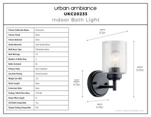 Urban Ambiance - Bath Light - UKC20233 New Traditional Indoor Bath Light, 9.25''H x 4.75''W x 6.5''Dep, Black Finish, Ravencourt Collection - 