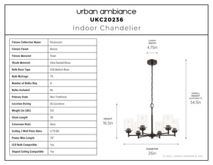 Urban Ambiance - Chandelier - UKC20236 New Traditional Indoor Chandelier, 16.5''H x 26''W x 26''Dep, Bronze Finish, Ravencourt Collection - 