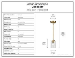 Urban Ambiance - Pendant - UKC20237 New Traditional Indoor Pendant, 7.25''H x 4.25''W x 4.25''Dep, Natural Brass Finish, Ravencourt Collection - 