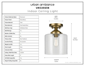 Urban Ambiance - Ceiling Light - UKC20238 New Traditional Indoor Ceiling Light, 10.75''H x 8.5''W x 8.5''Dep, Natural Brass Finish, Ravencourt Collection - 