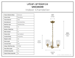 Urban Ambiance - Chandelier - UKC20239 New Traditional Indoor Chandelier, 15.5''H x 18''W x 18''Dep, Natural Brass Finish, Ravencourt Collection - 